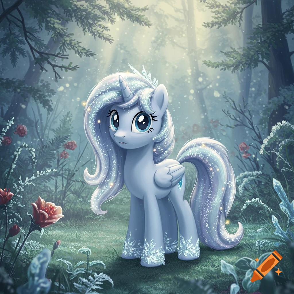 A light blue unicorn with a glittery mane and tail stands in a snowy, enchanted forest with red flowers.