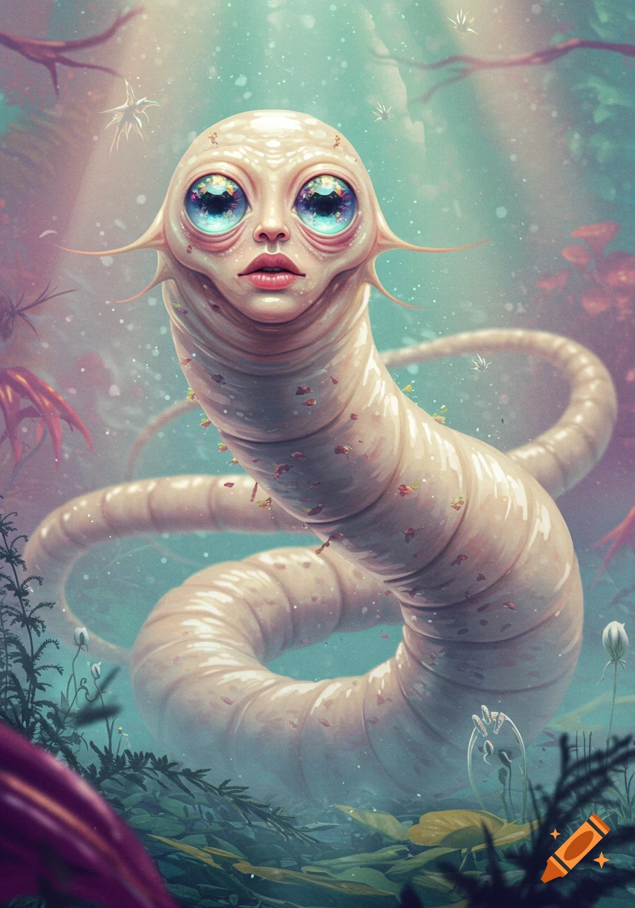 A vibrant, surreal worm creature with a human face and large, colorful eyes in a glowing underwater fantasy setting.