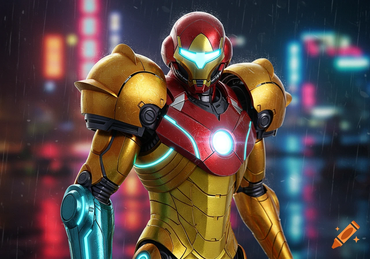 A close-up of a gold and red futuristic armored character with glowing blue accents, resembling a mix of Samus Aran and Iron Man, against a blurred neon city background.