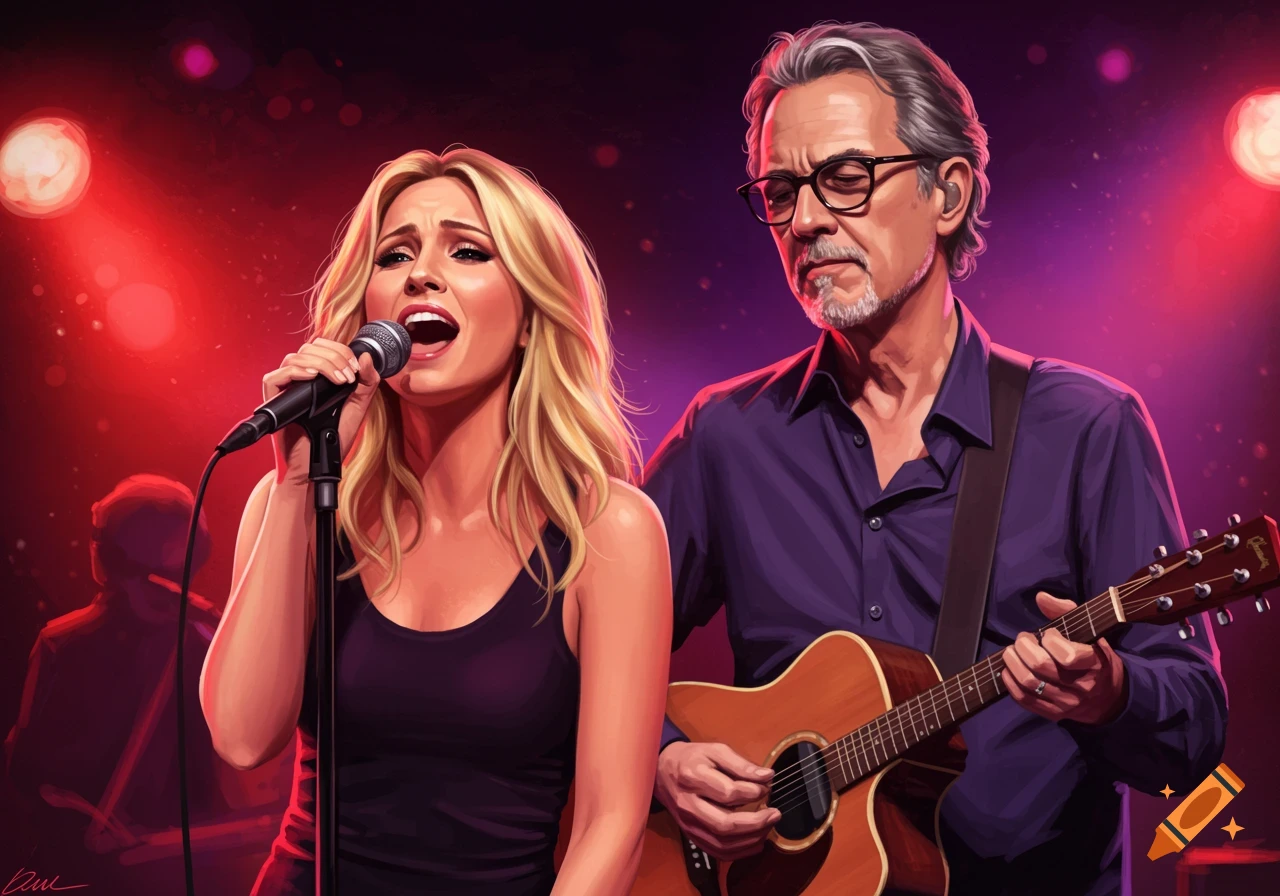A female singer with blond hair performs into a microphone alongside a male guitarist with gray hair and glasses, both lit by red stage lights.