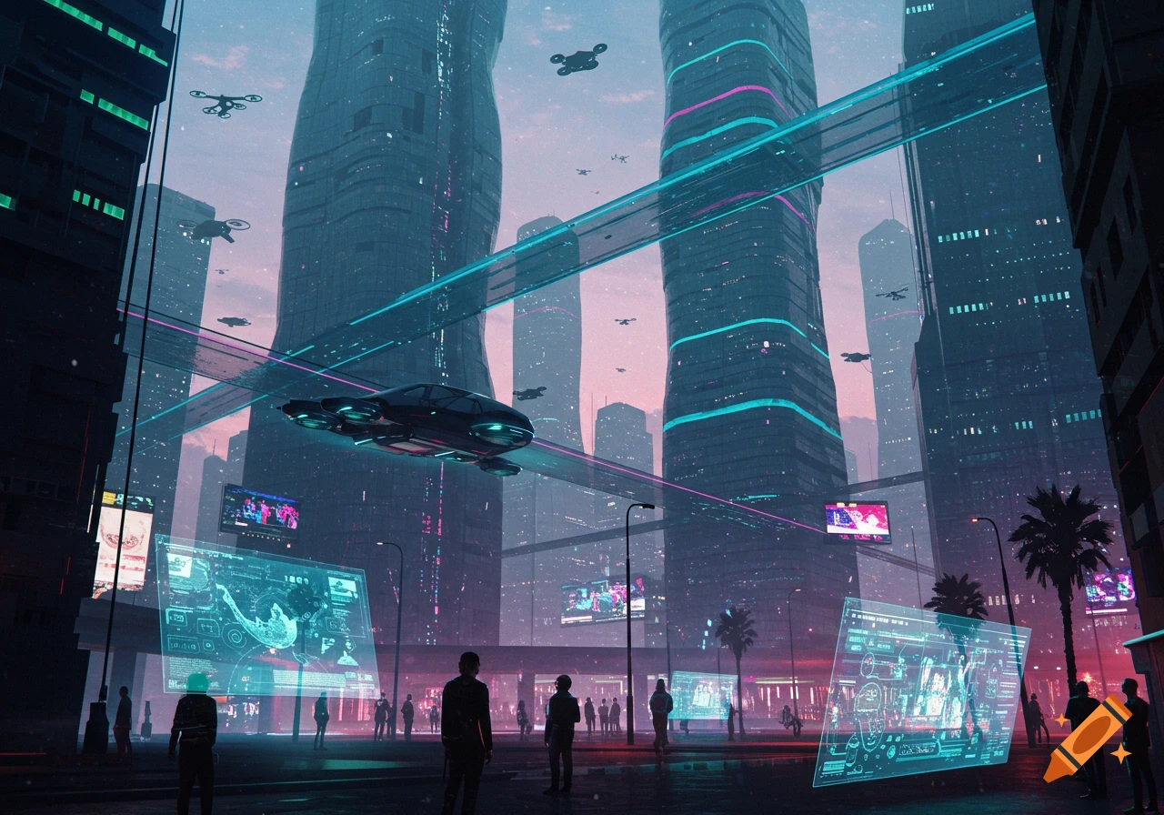 A futuristic city at twilight with towering skyscrapers, glowing neon lights, flying vehicles, drones, and large holographic displays on the street level.