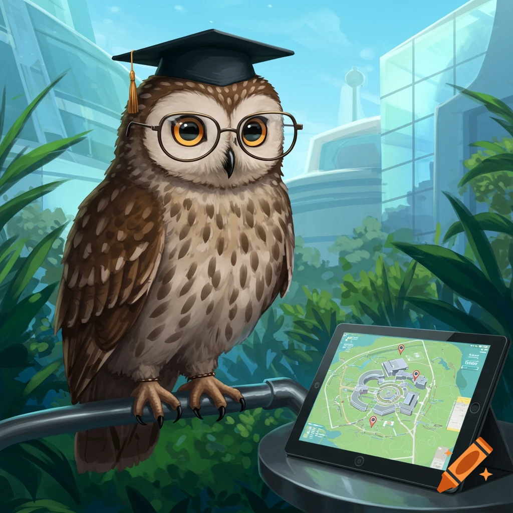 Digital illustration of an owl in a graduation cap and glasses, perched on a railing next to a tablet showing a campus map.