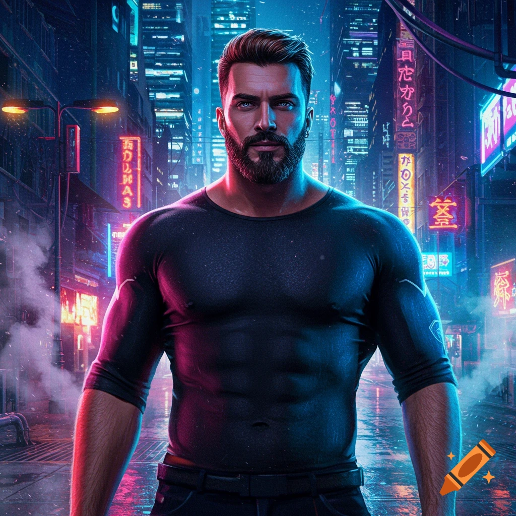 A muscular man with a beard stands in a neon-lit cyberpunk city street, looking directly at the viewer.