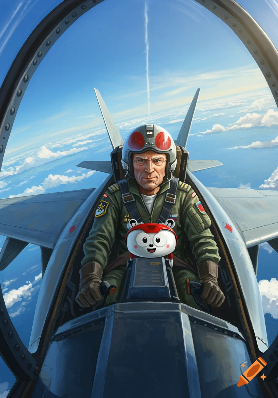 An old pilot and a cartoon character in a jet cockpit flying through a blue sky. Illustration style.