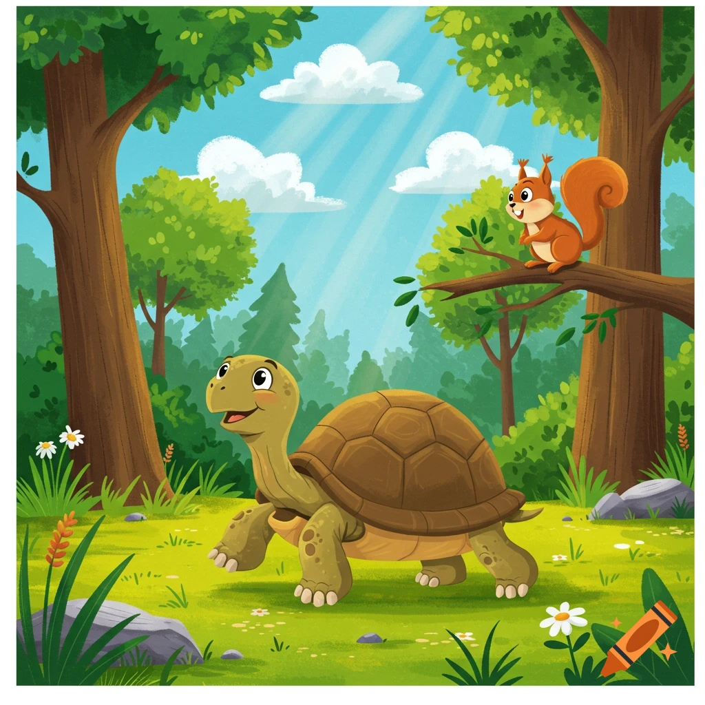 A friendly cartoon turtle walks on a grassy forest floor while a curious squirrel watches from a tree branch above.
