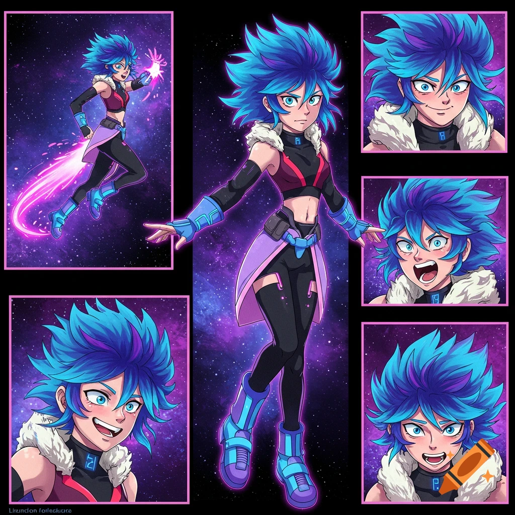 Anime character sheet of a blue-haired person in a futuristic outfit against a galaxy background, showing various expressions.