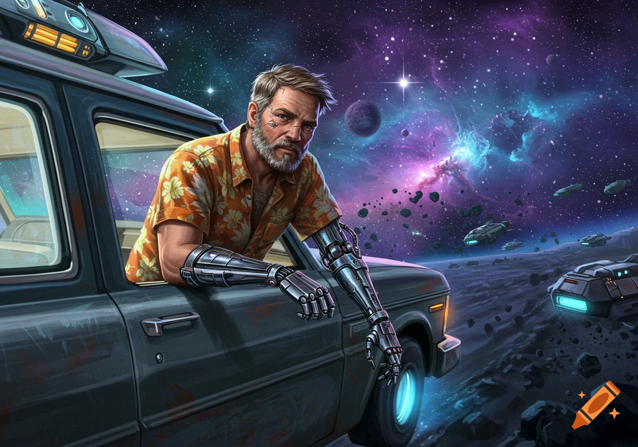 A man with robotic arms and a Hawaiian shirt leans out of a spaceship's window, traversing space filled with nebulae, planets, and asteroids.