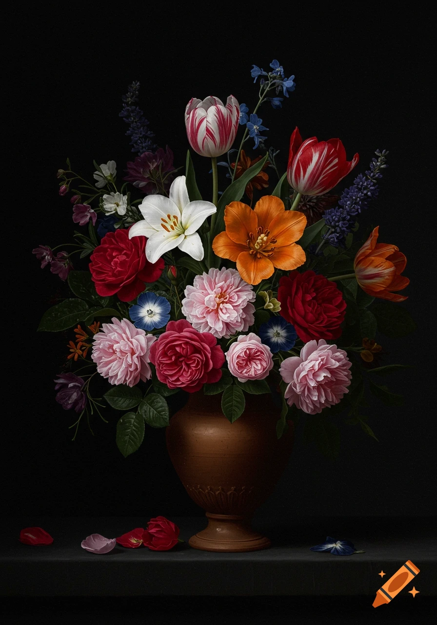 A detailed painting of a large, colorful bouquet of flowers in a bronze vase against a dark background, in a still life style.