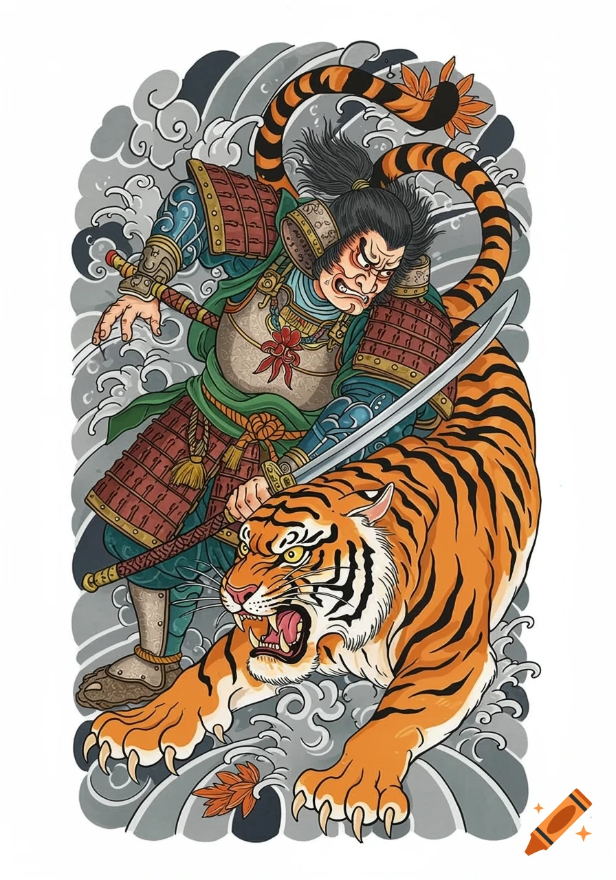 A stylized Japanese art illustration of a samurai warrior and an aggressive tiger with waves in the background.