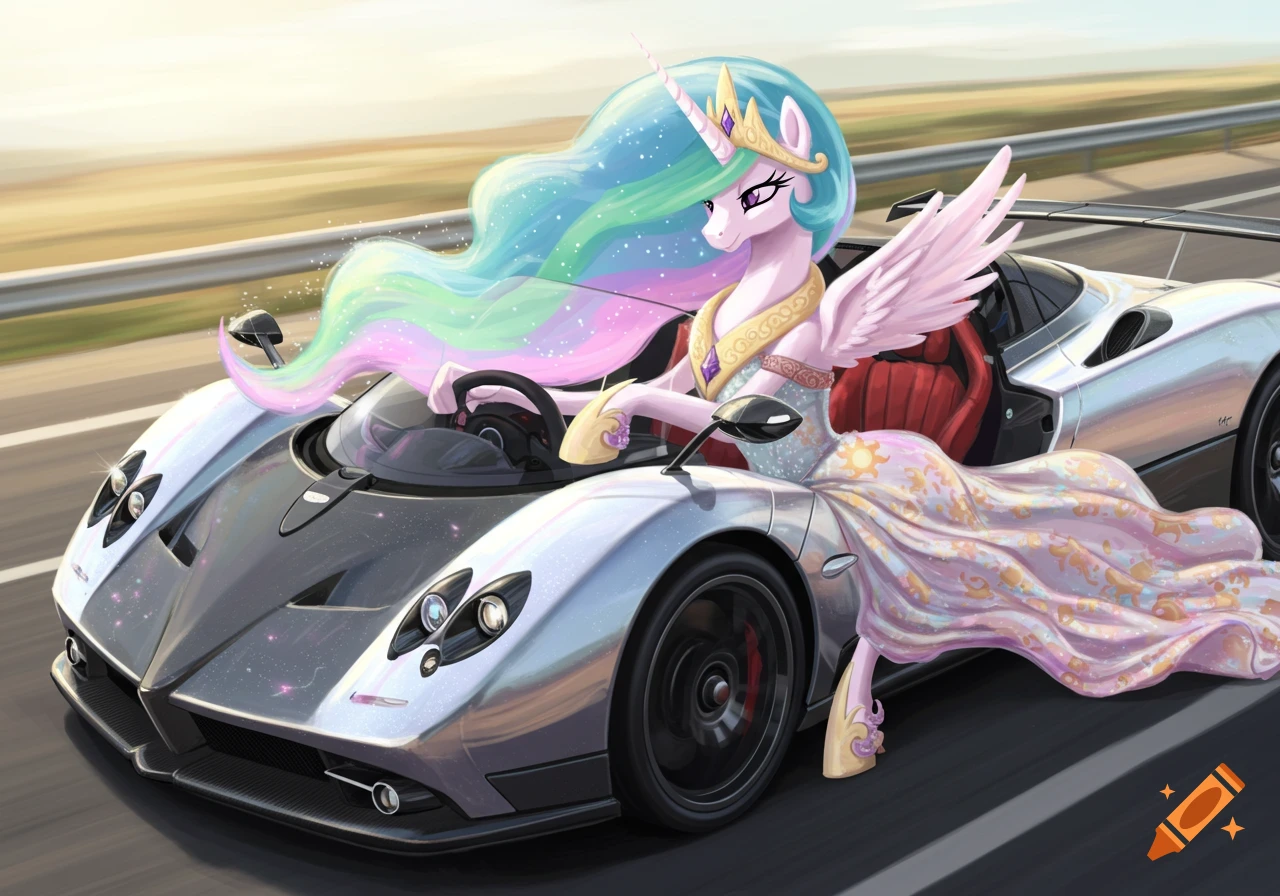Princess Celestia, a pink alicorn with a flowing rainbow mane, driving a silver Pagani Zonda sports car on a highway, digital art.