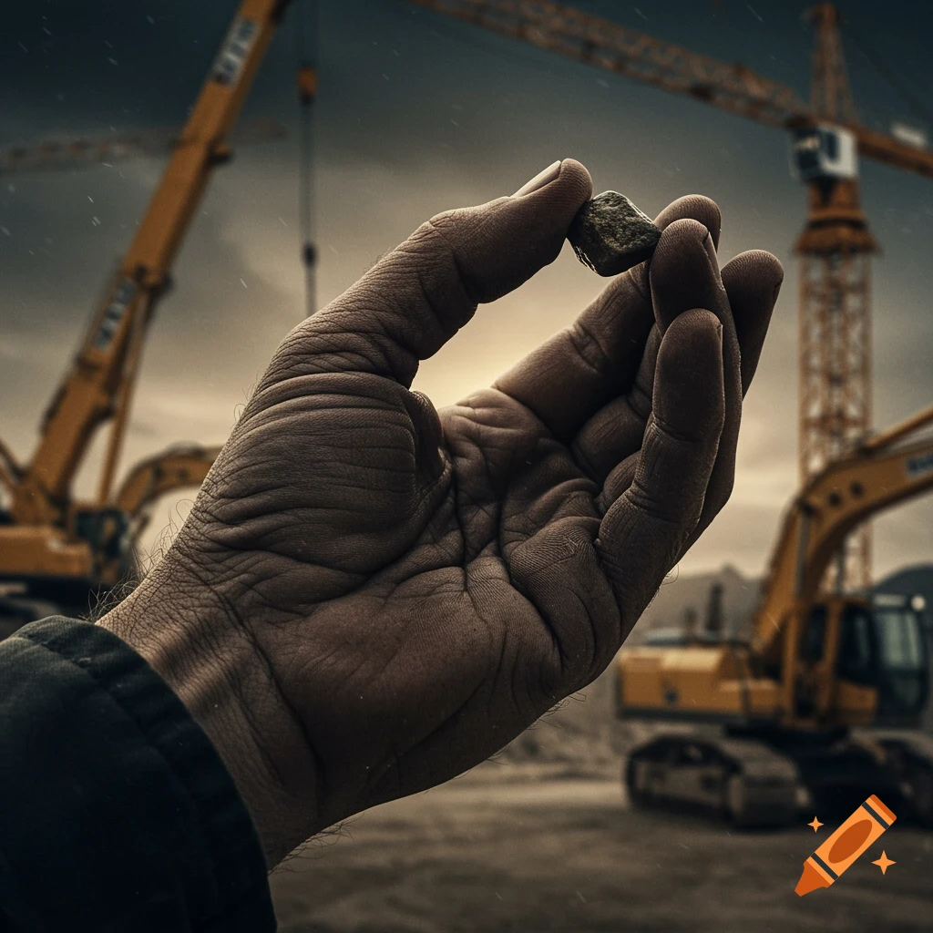 A close-up of a weathered hand holding a small rock against a blurred background of a construction site.