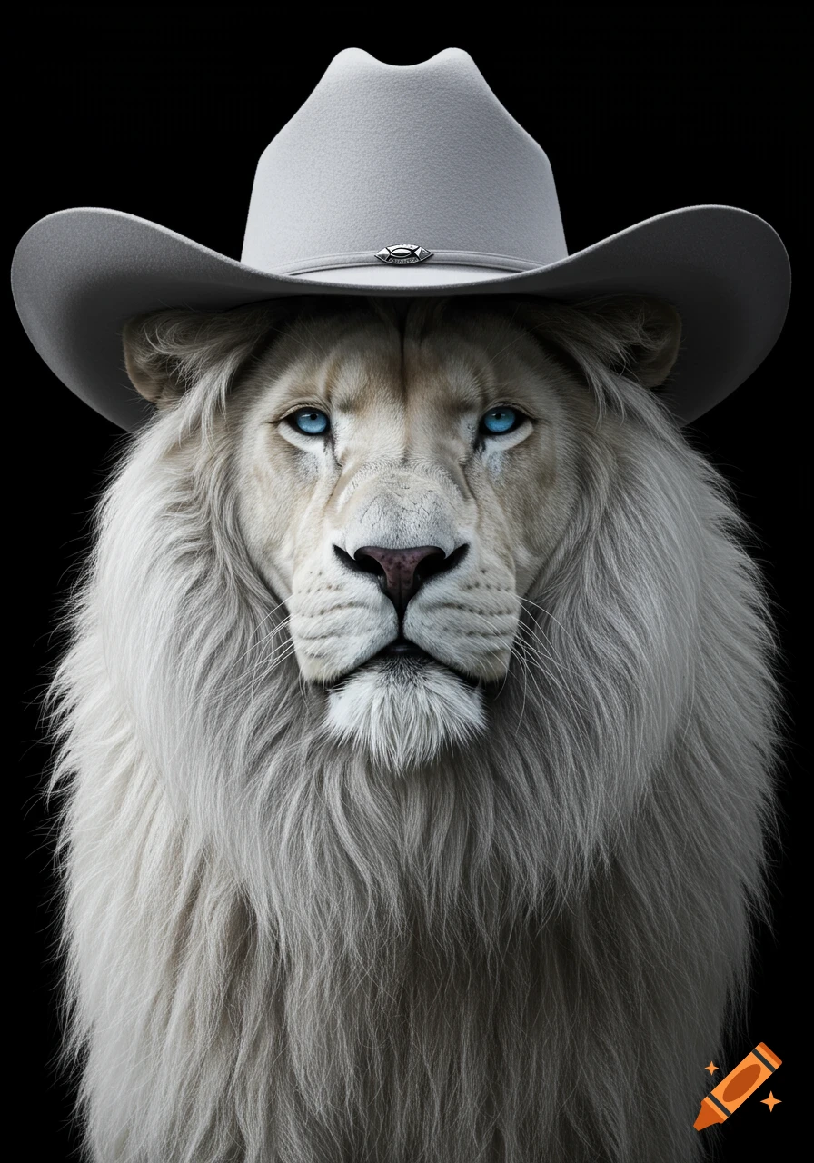 Photorealistic portrait of a majestic white lion with piercing blue eyes, wearing a light gray cowboy hat, against a stark black background.