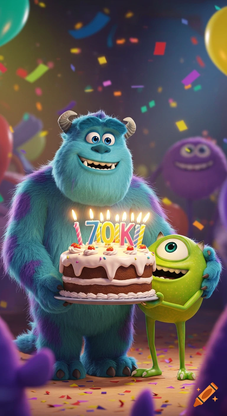 Animated Sulley and Mike Wazowski happily hold a birthday cake with '70K' candles amidst confetti and balloons.