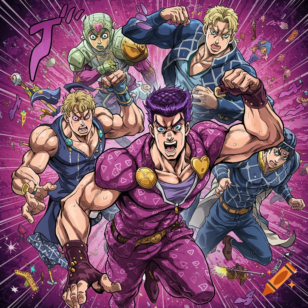 Five muscular anime characters in a vibrant, dynamic JoJo's Bizarre Adventure style pose against a purple background.