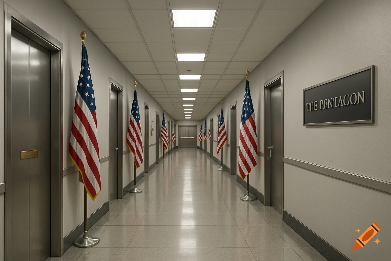 Photorealistic image of a long, formal hallway inside The Pentagon, lined with American flags on stands and lit by fluorescent lights.