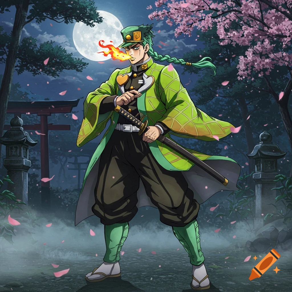 Anime character in a green kimono breathes fire, holding a katana in a Japanese night garden with a full moon and torii gate.