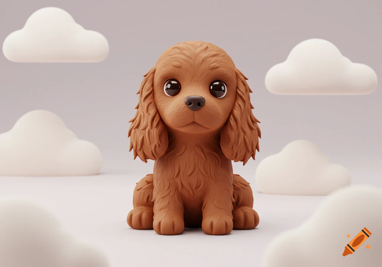 A cute 3D claymation-style brown cocker spaniel puppy sits among white puffy clouds.