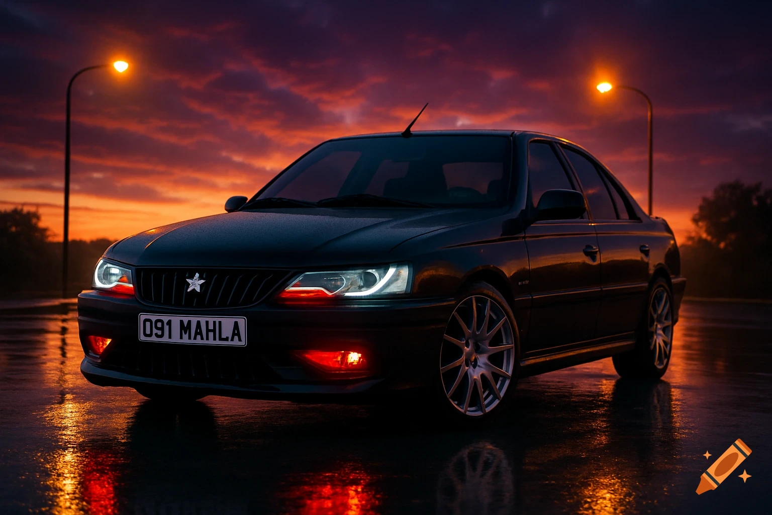 Photorealistic image of a black sedan on a wet street at sunset, illuminated by bright headlights and streetlights.