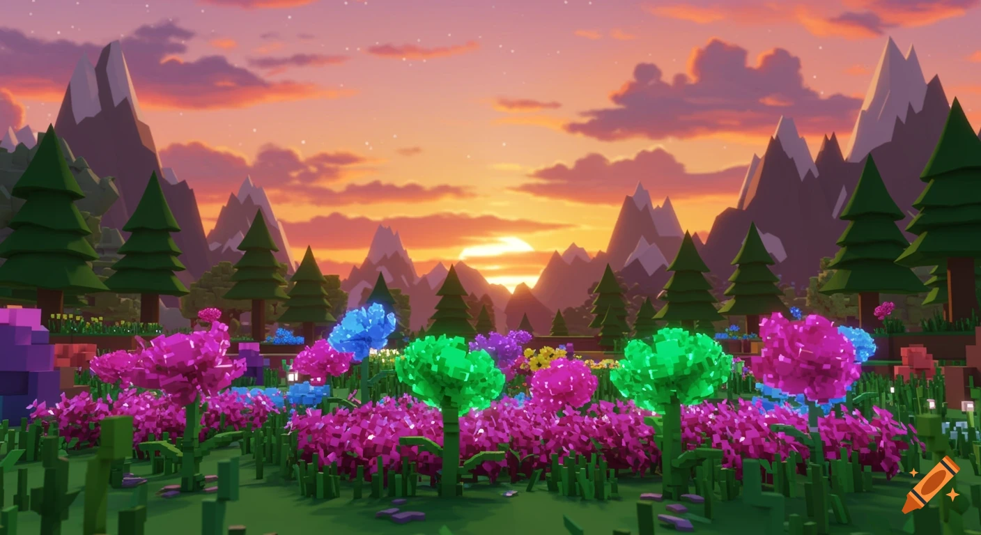 A colorful blocky garden with vibrant flowers and trees at sunset, against a backdrop of low-poly mountains.