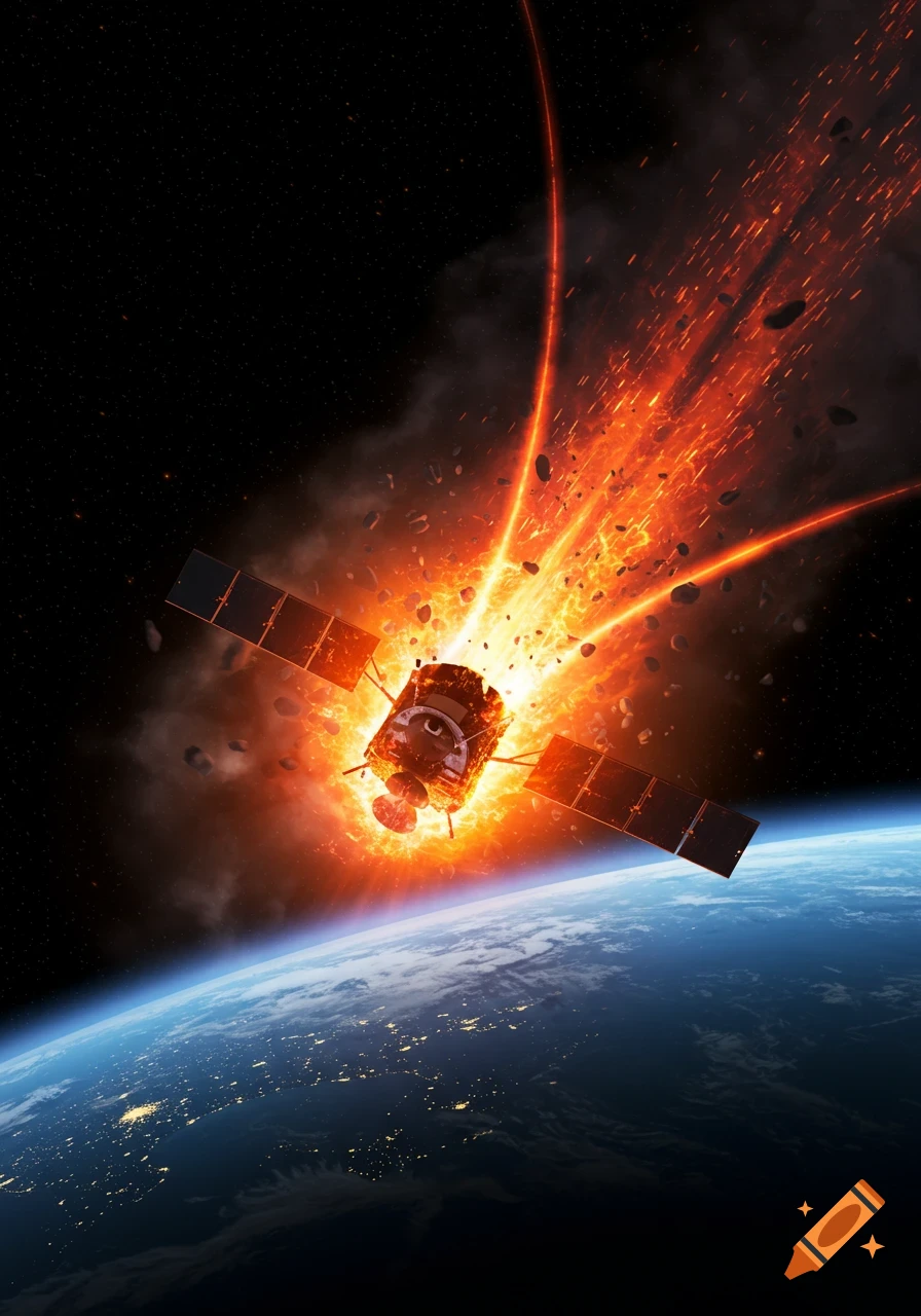 A satellite explodes and burns up in Earth's orbit, scattering fiery debris against the dark expanse of space and the blue-tinged planet below.