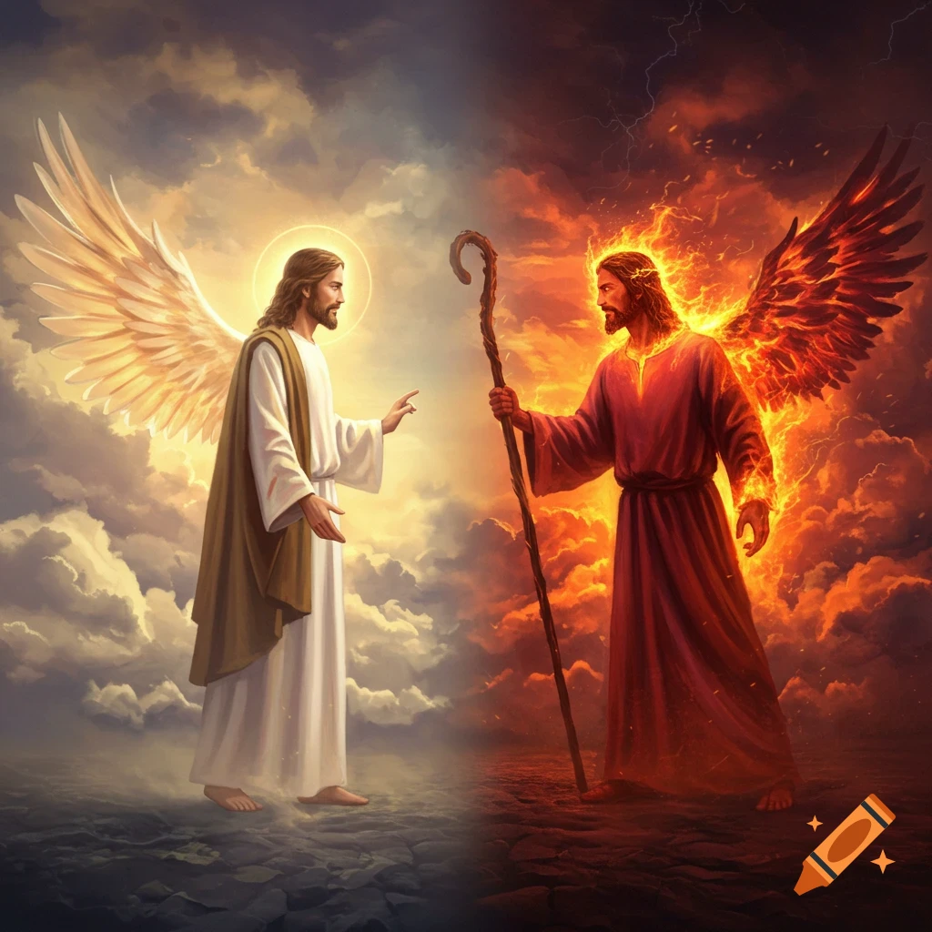 Fantasy art of two Jesus-like figures, one angelic in light clouds, the other demonic with fiery wings and staff.