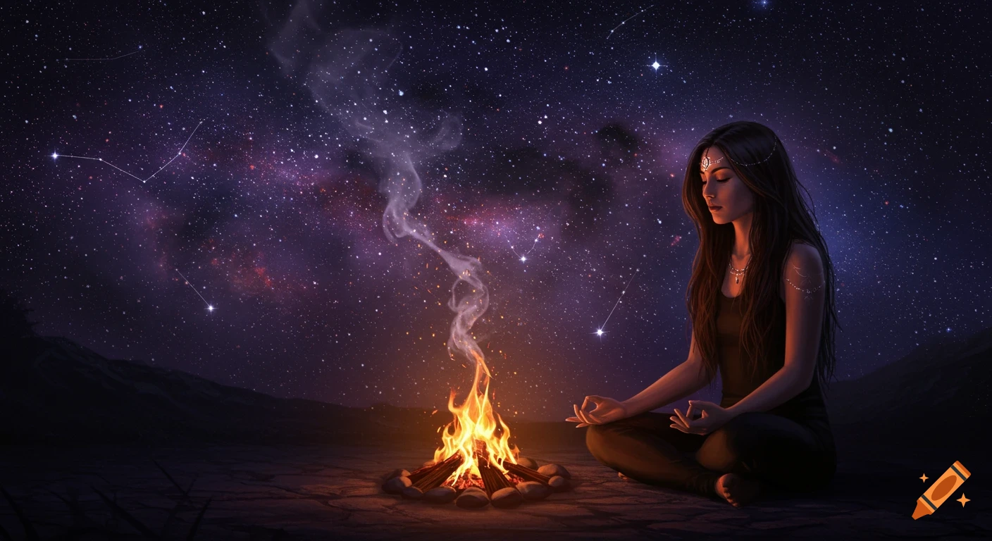 A woman with long dark hair, wearing a forehead jewel, meditates in a lotus position by a bonfire under a cosmic, star-filled sky.