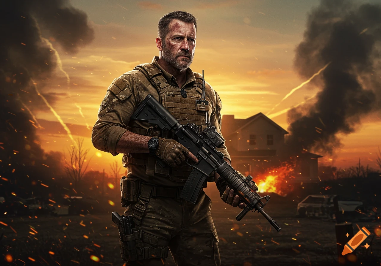 Photorealistic image of a soldier holding a rifle in a war-torn landscape with fire and smoke at sunset.