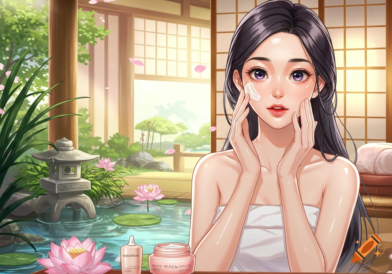 Anime-style woman applies face cream in a tranquil Japanese garden with a pond, lotus flowers, and traditional architecture.