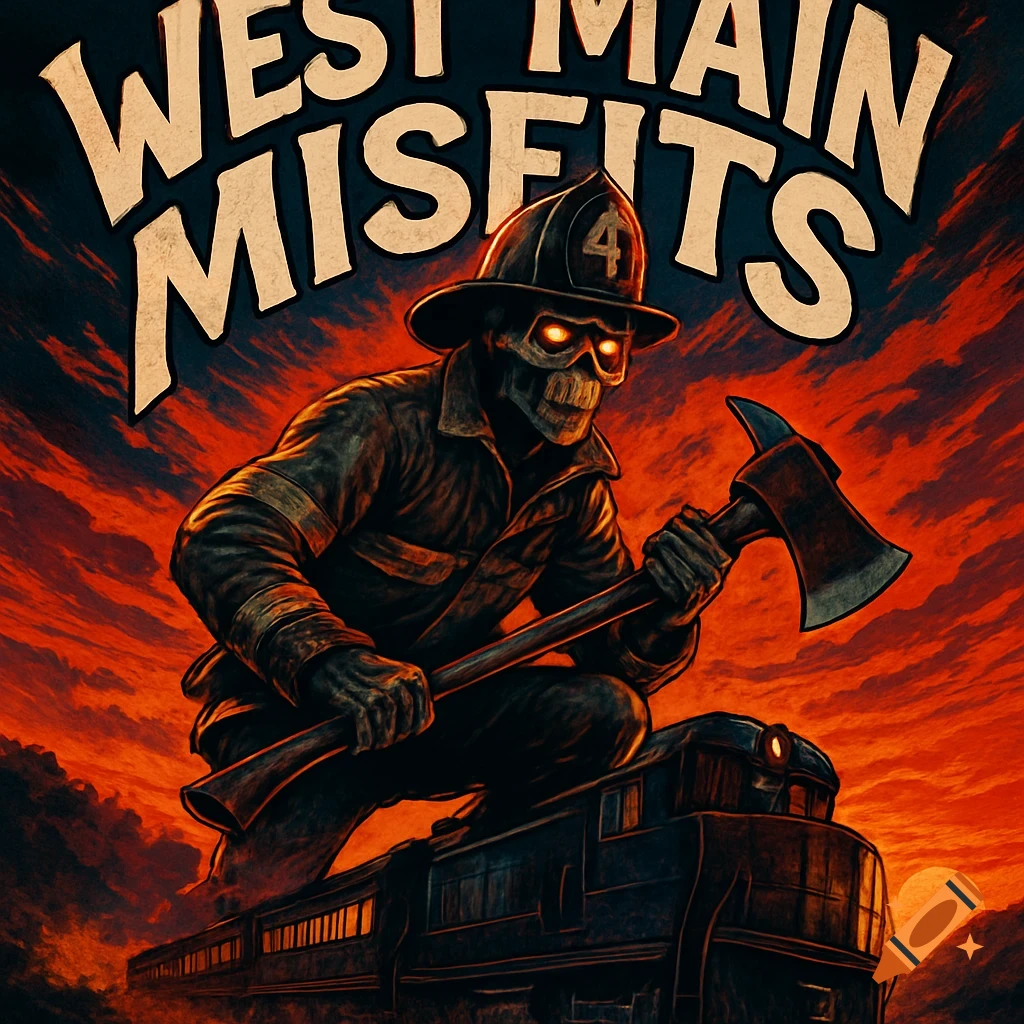 Stylized dark art of a skeleton firefighter with glowing eyes and an axe on a train, under a fiery red sky. Text 'WEST MAIN MISFITS'.