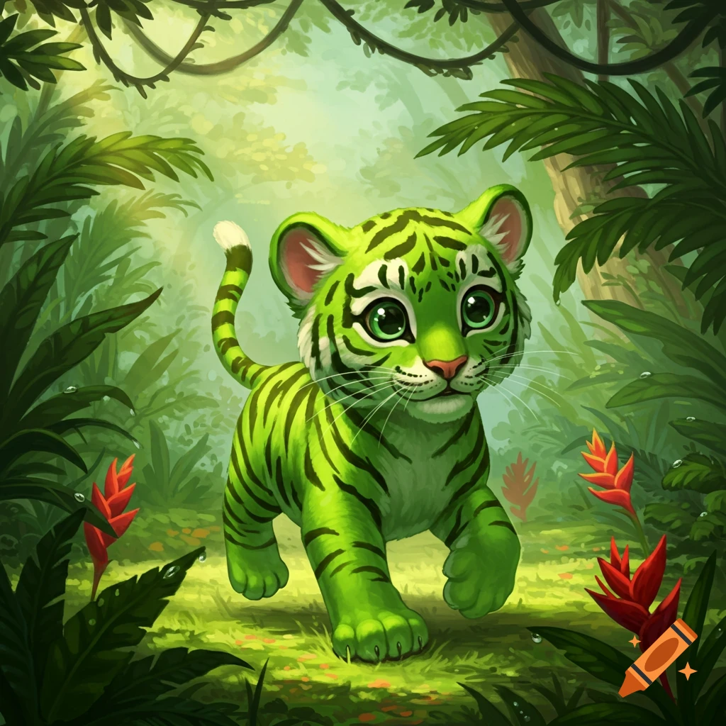 A cute green-striped tiger cub walks through a lush, vibrant jungle. Illustrated style.