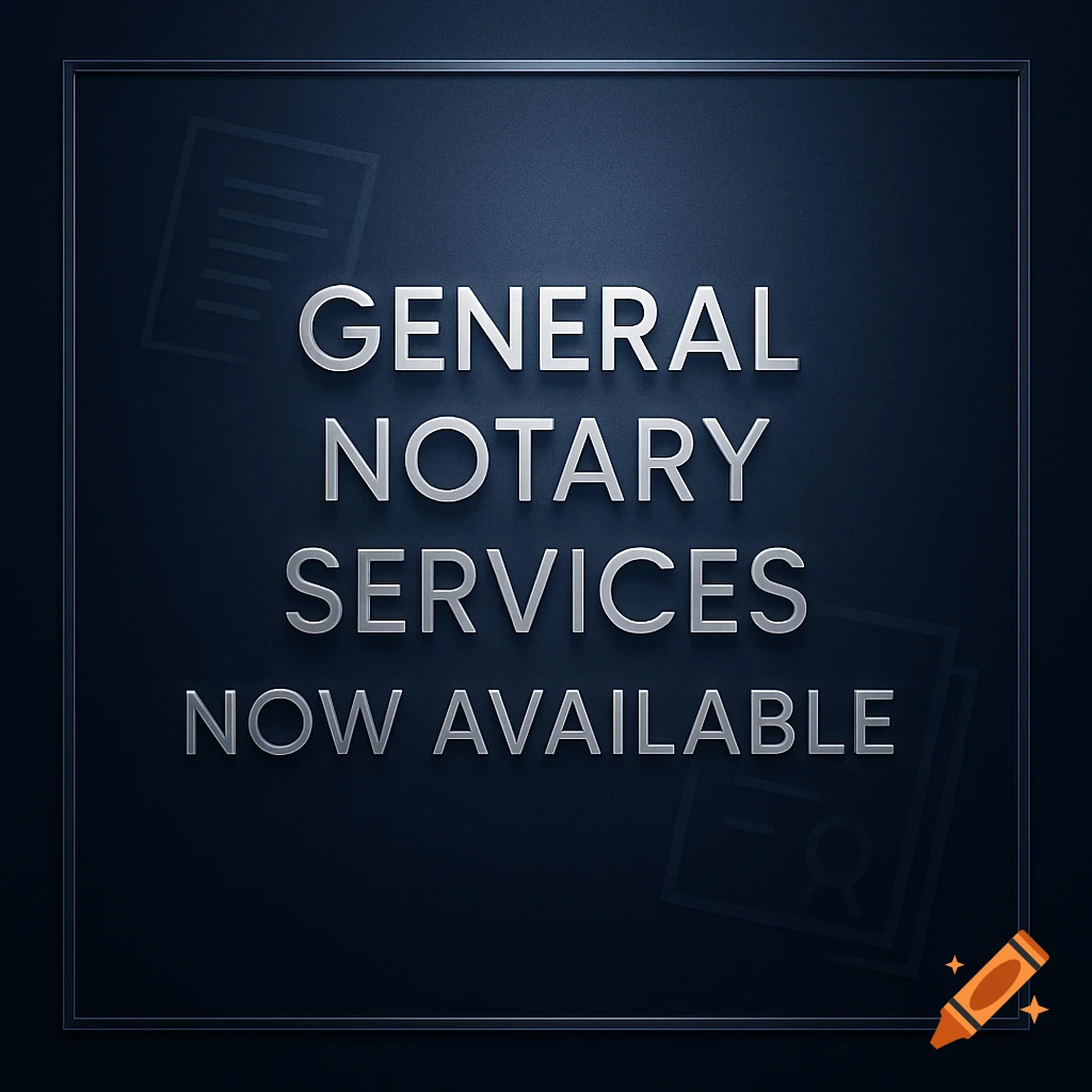 A dark blue graphic with metallic silver text saying 'GENERAL NOTARY SERVICES NOW AVAILABLE', framed by a thin silver border.