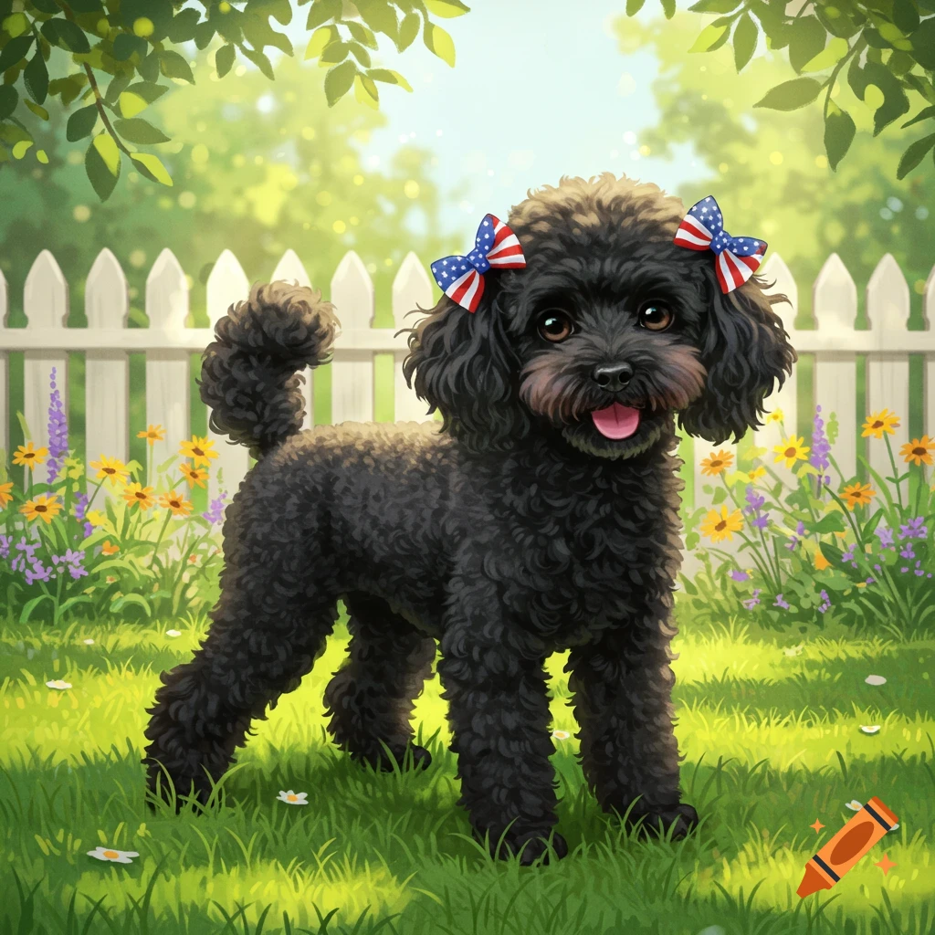 A black toy poodle with Americana bows in its ears stands in a sunny garden with a white picket fence and flowers.