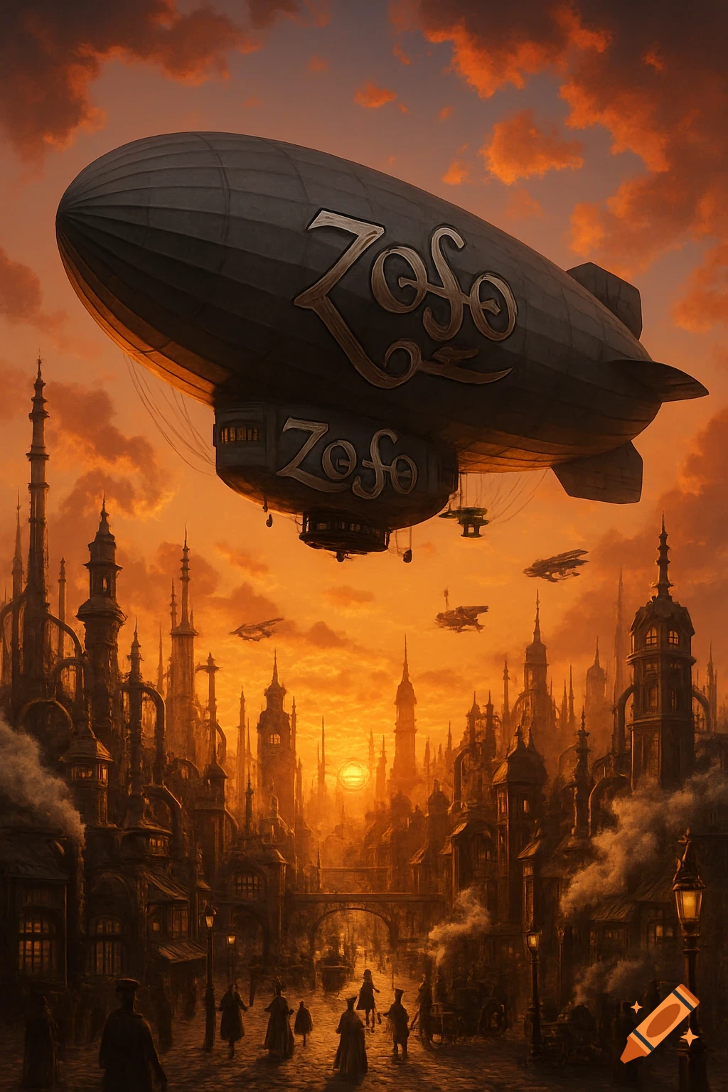 A large grey zeppelin with 'ZOSO' written on its side flies over a bustling steampunk city at sunset, with numerous spires and smaller airships visible.