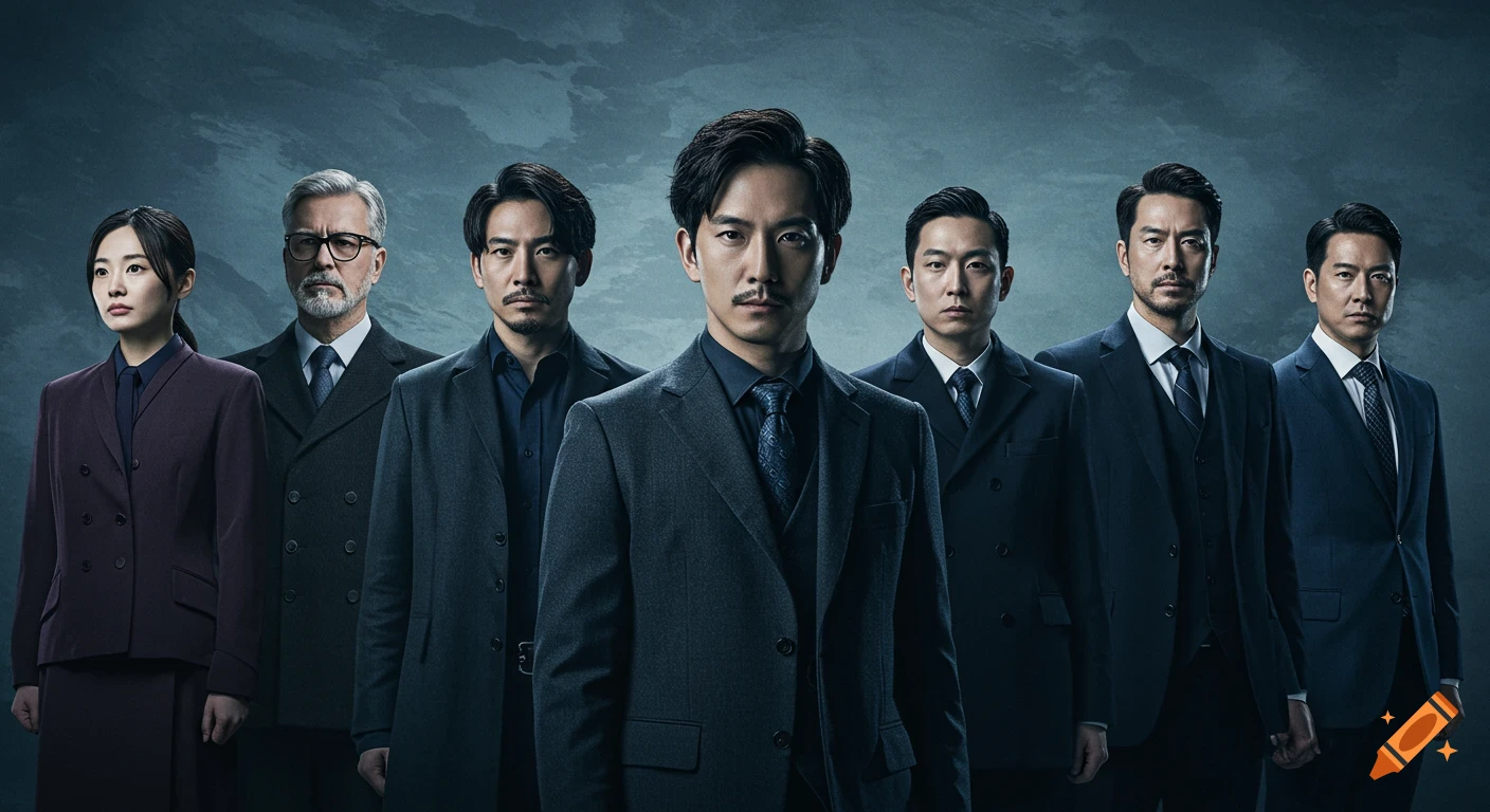 Seven serious people in formal suits, including a woman and six men, stand against a stormy grey background.