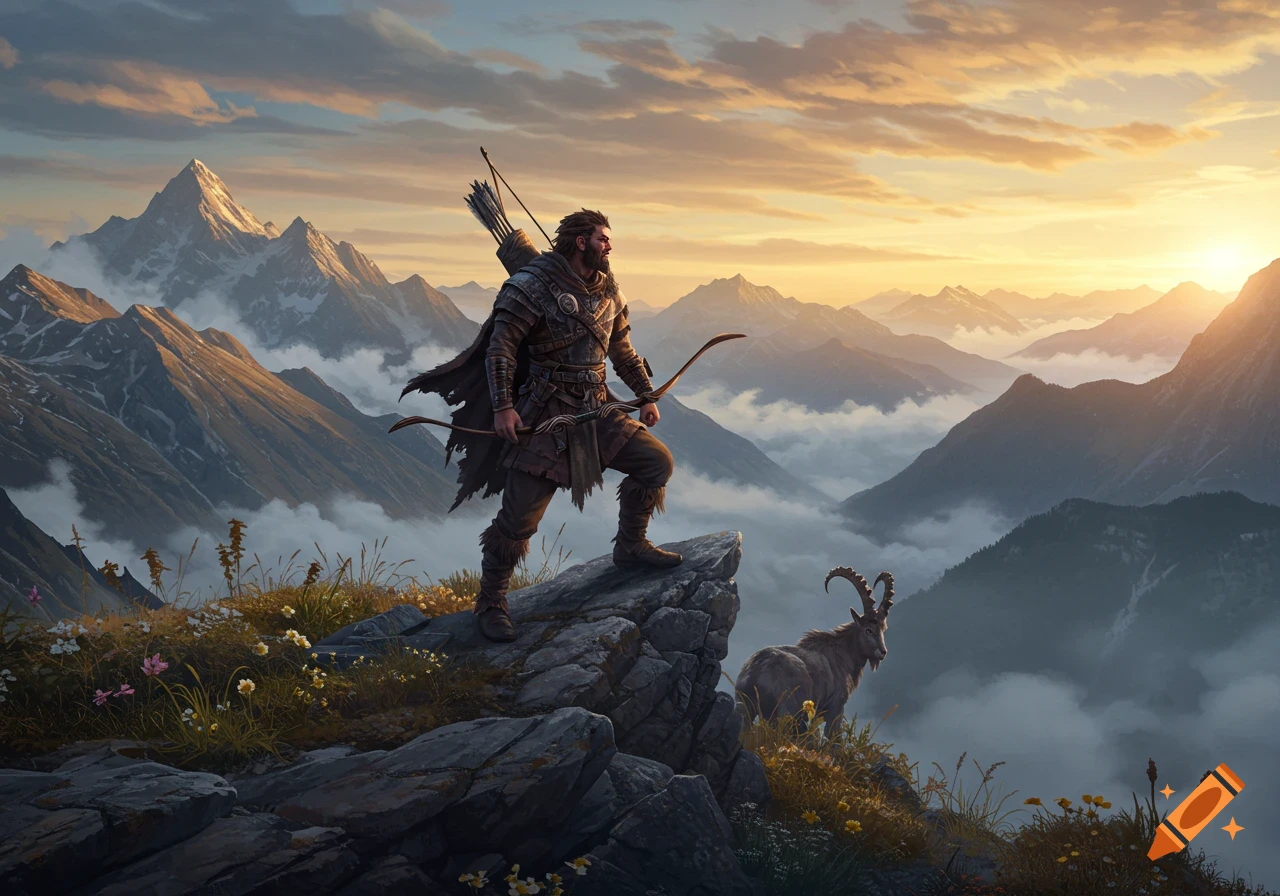A bearded hunter with a bow stands on a mountain peak at sunset, overlooking a vast range with clouds. A mountain goat is beside him.