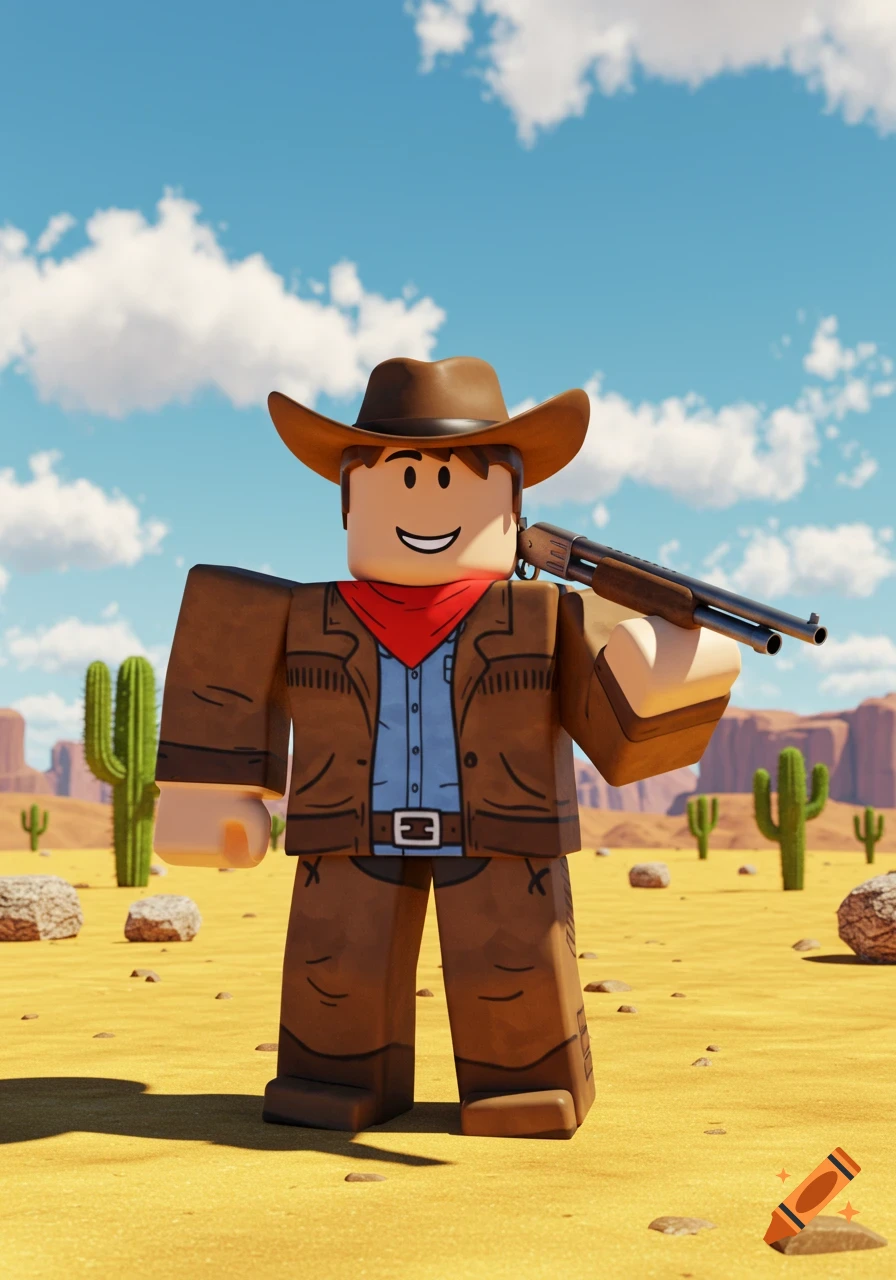 A 3D cartoon Roblox cowboy character in a desert with cacti, holding a shotgun over his shoulder.