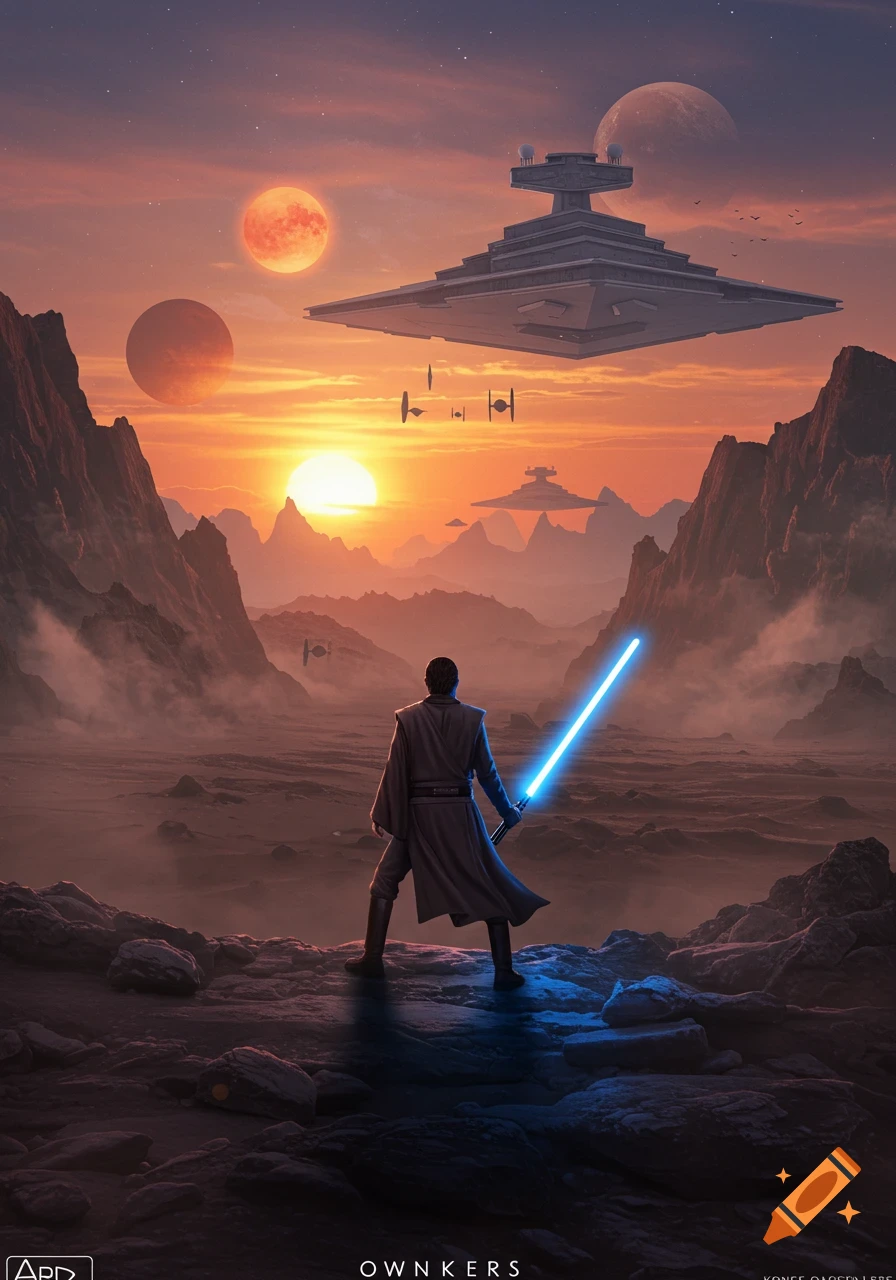 A robed figure with a blue lightsaber stands on a rocky alien planet overlooking a sunset with Star Destroyers and TIE fighters in the sky.