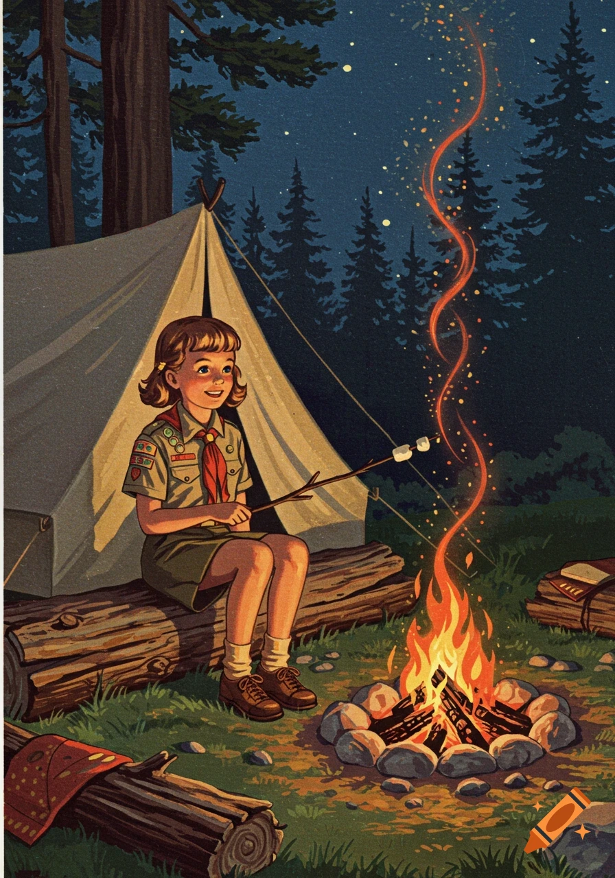 A 1960s style drawing of a smiling girl scout roasting marshmallows over a campfire next to a tent at night.