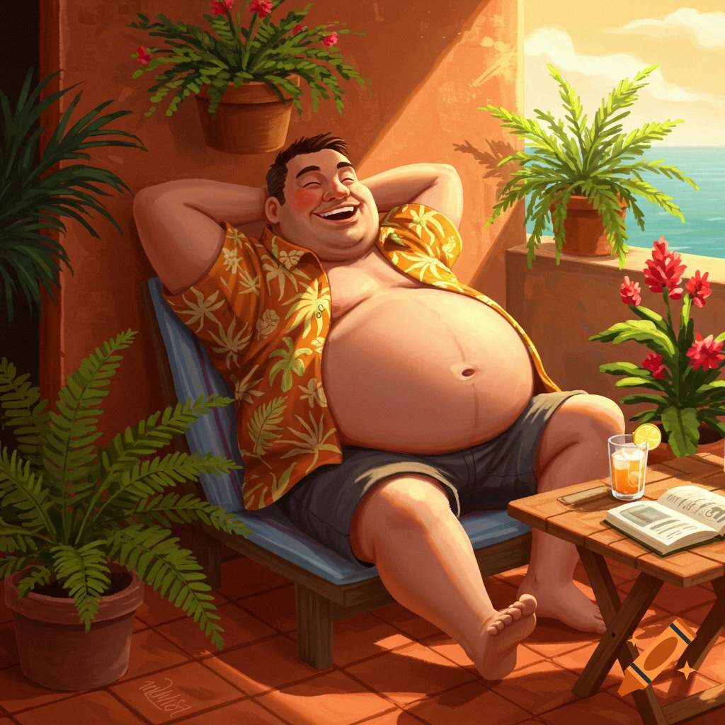 A smiling man with a large belly relaxes on a sunny balcony overlooking the ocean, in an illustrated style.