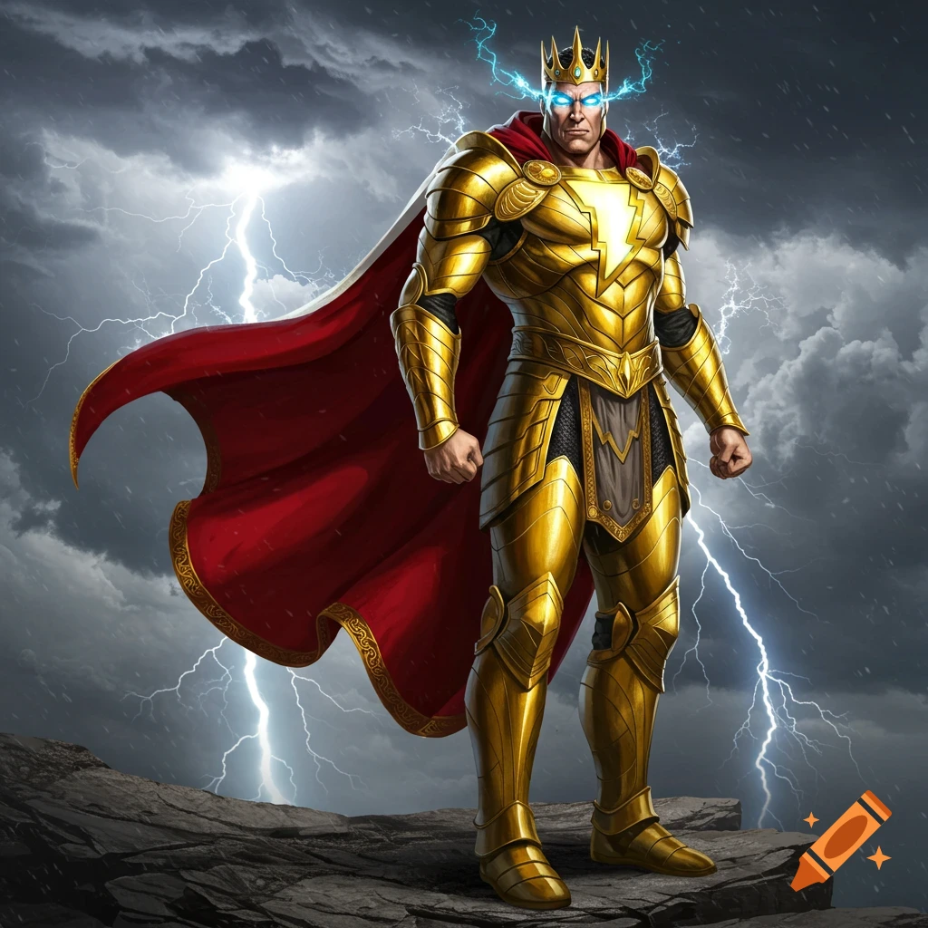 A male figure in golden armor, red cape, and crown stands on rocks as lightning strikes behind him.