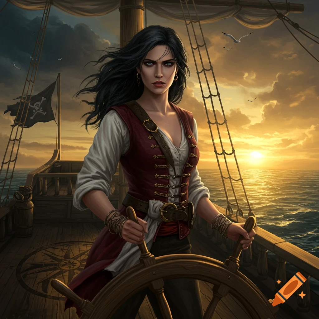 A dark-haired female pirate stands at a ship's helm, looking determined at sunset over the sea.