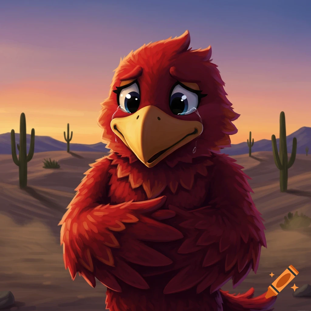 A sad, cartoonish red bird mascot with big eyes cries in a desert landscape at sunset, with saguaro cacti visible.