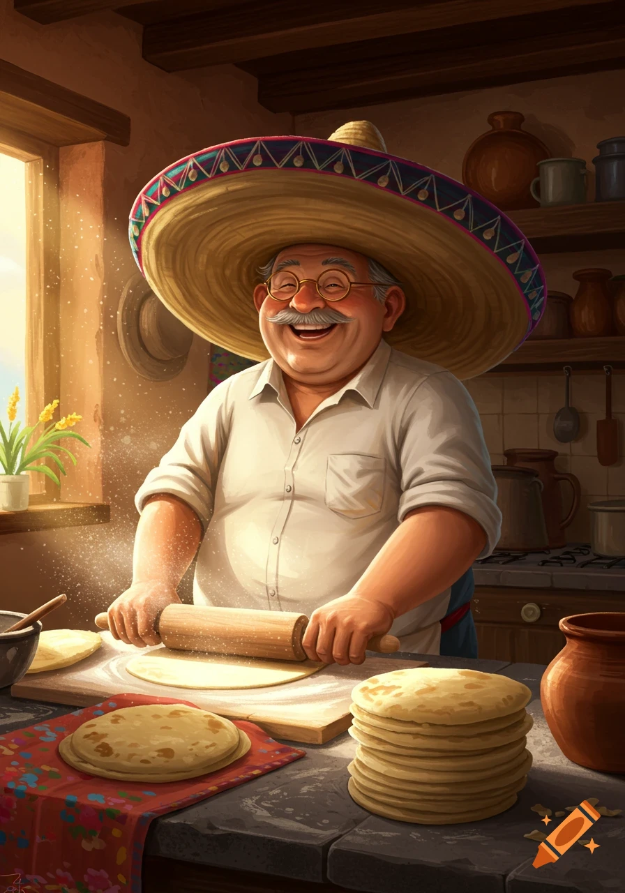 An old man in a sombrero and glasses smiles while rolling out dough for tortillas in a warm kitchen.