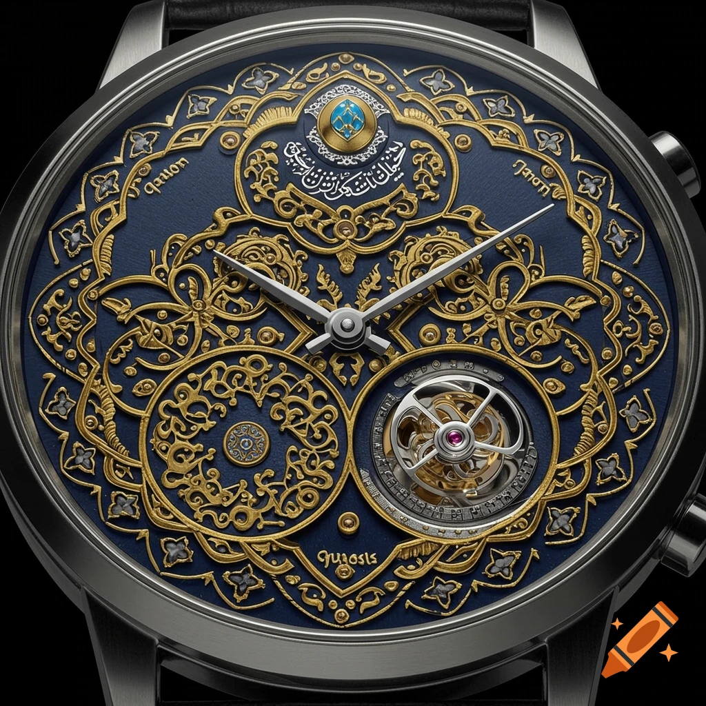 Close-up of a luxurious wristwatch with a dark blue face and intricate gold Persian-inspired filigree patterns. A tourbillon movement is visible at the bottom right.