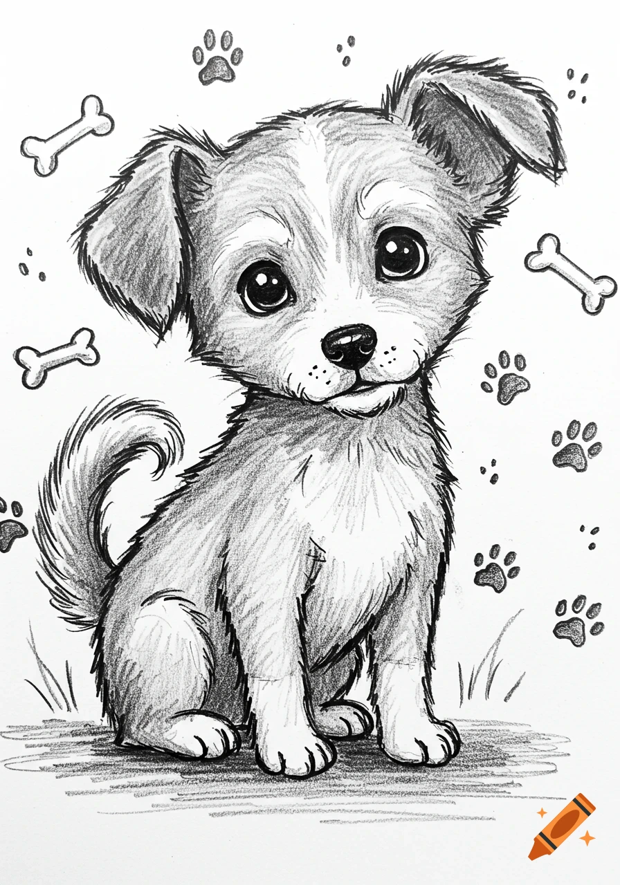 A cute black and white pencil sketch of a puppy sitting, with bones and paw prints in the background.