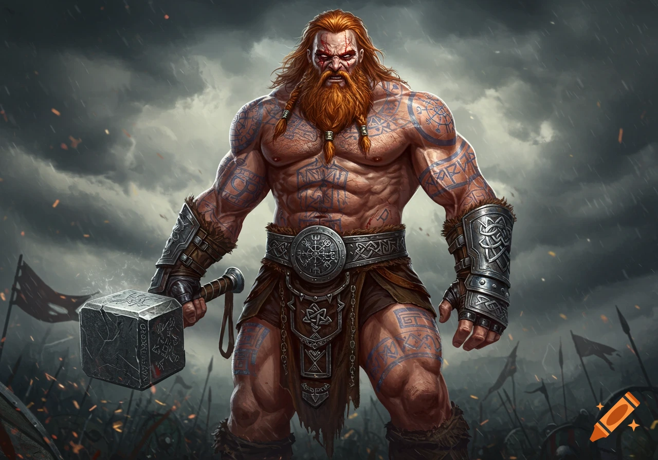 A muscular Viking warrior with a red beard and long red hair stands in a battlefield holding a hammer, covered in blue tribal tattoos.
