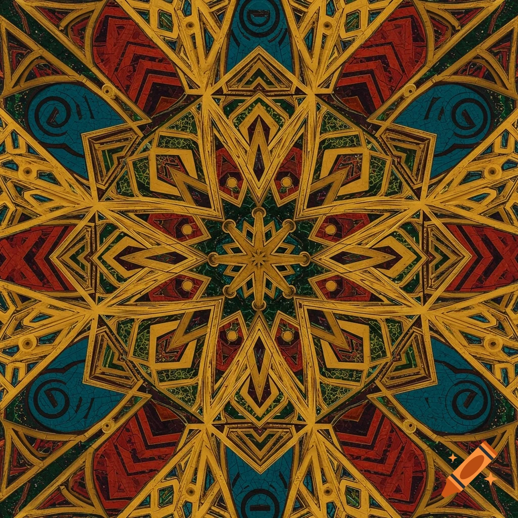 Vibrant Afro-Arab inspired geometric pattern in gold, red, and teal with intricate symmetrical design.