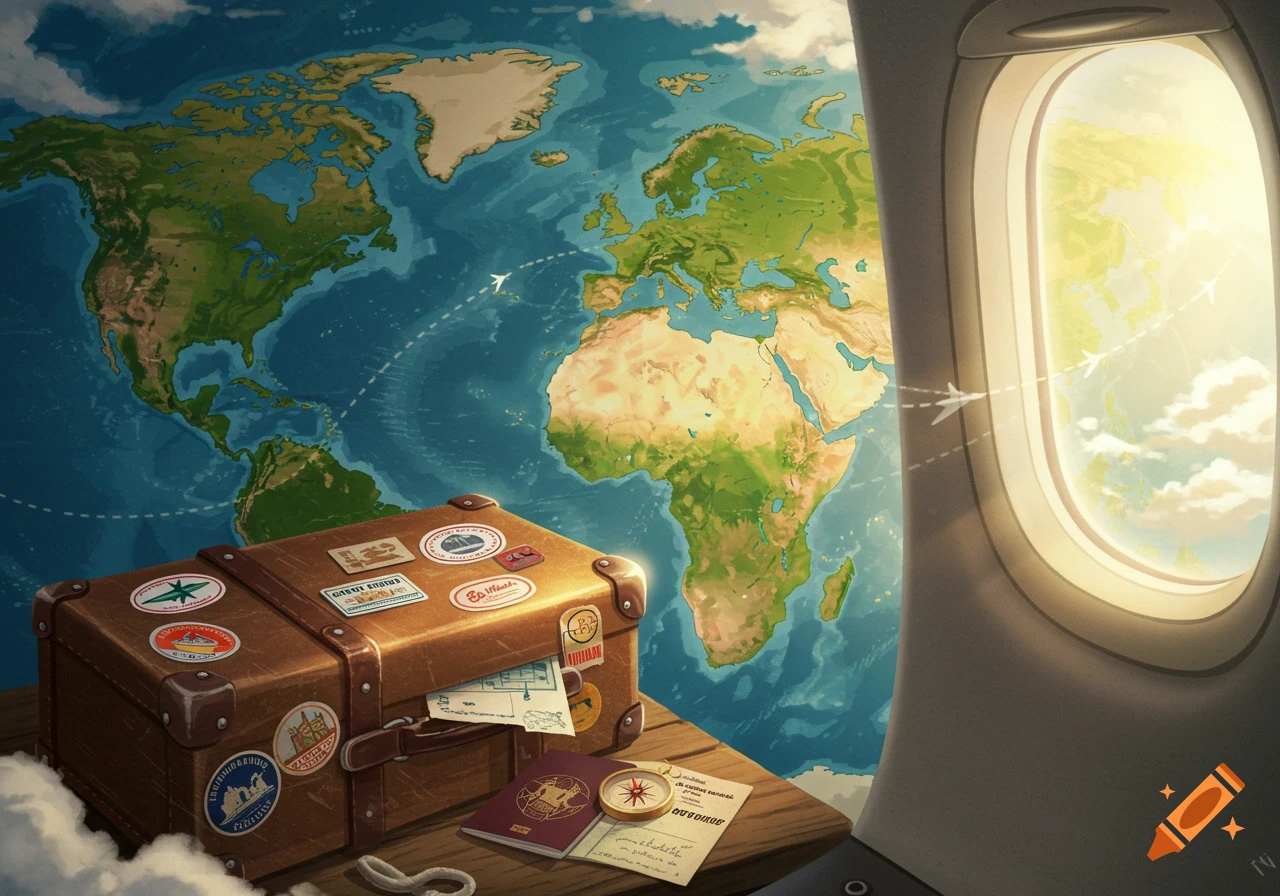 A brown suitcase with travel stickers sits on a table beside a passport, compass, and papers, with a world map behind it and an airplane window showing clouds and sky to the right.