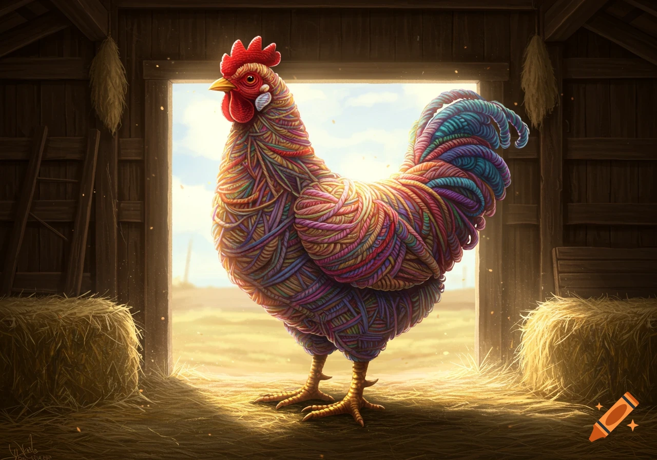 A vibrant, colorful chicken made of yarn stands in a rustic barn doorway with hay bales.