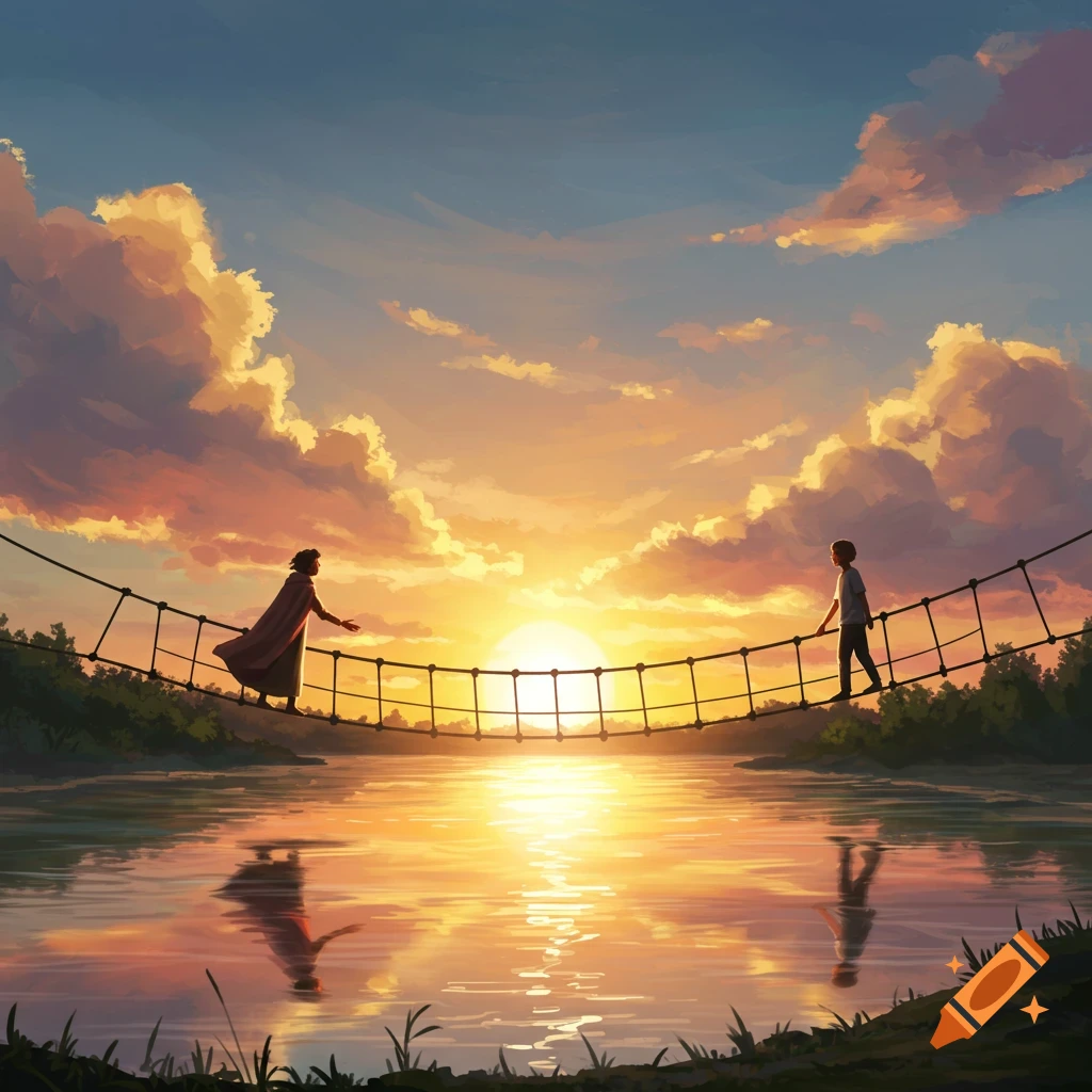 Two stylized people meet on a rope bridge over a river at sunset, reflecting on the water, in a digital art style.